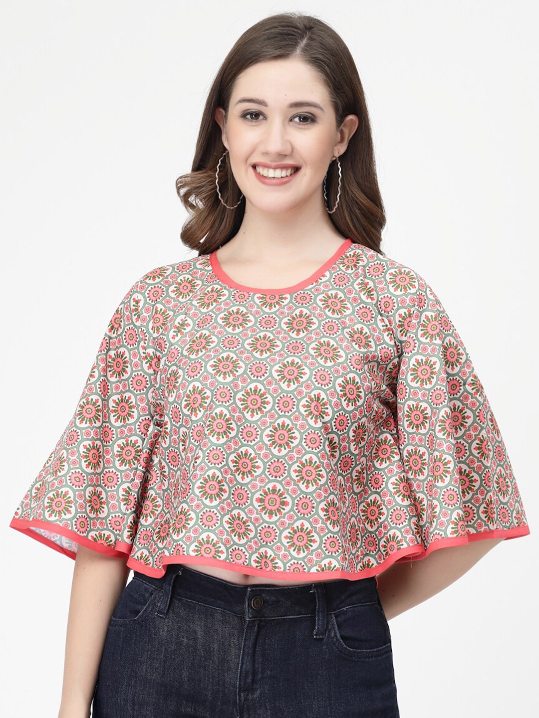 

MISS AYSE Ethnic Motifs Printed Flared Sleeve Cape Top, Multi