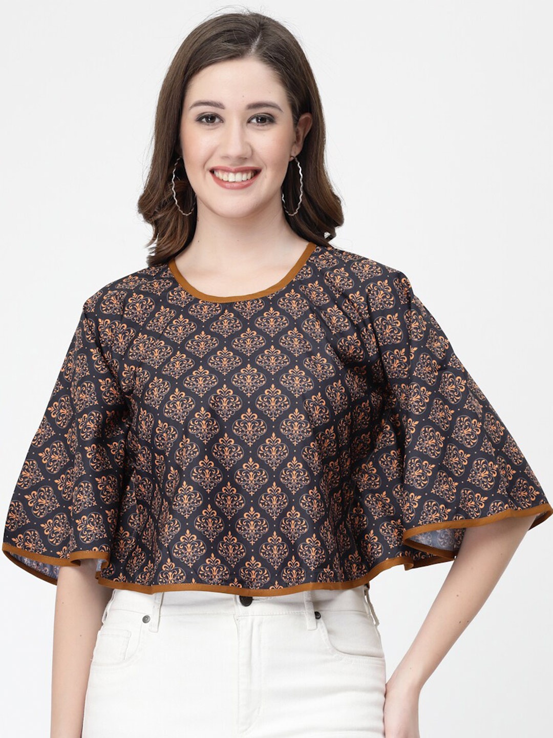 

MISS AYSE Ethnic Motifs Print Flared Sleeve Cape Top, Black