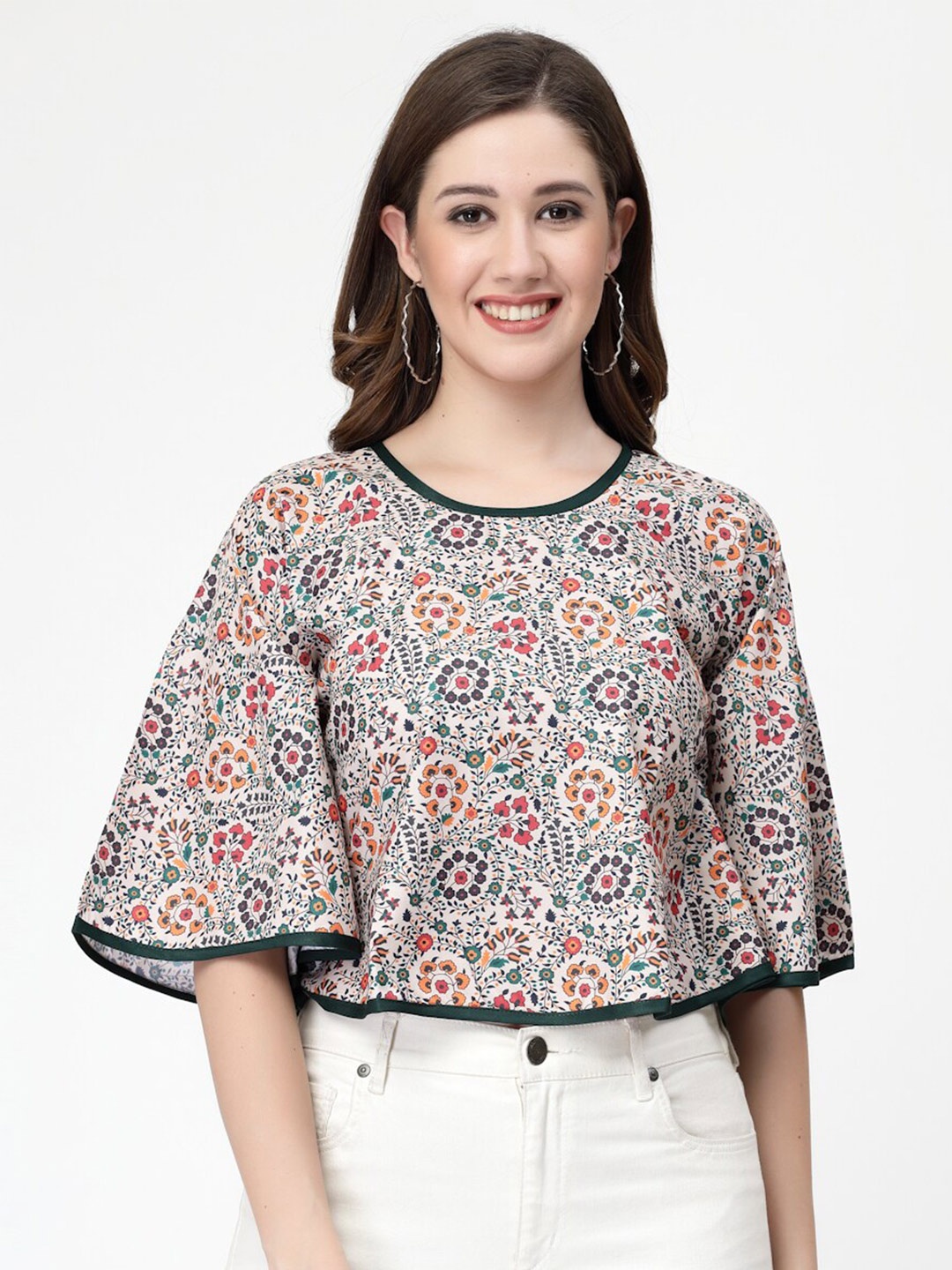 

MISS AYSE Floral Printed Flared Sleeve Crepe Top, Beige