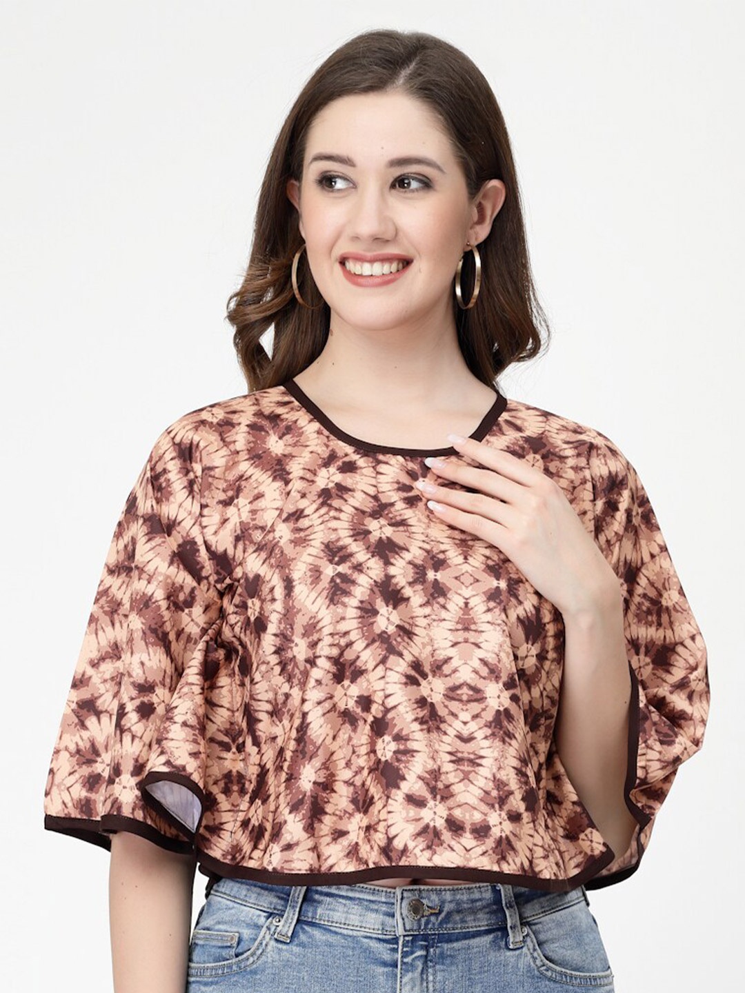 

MISS AYSE Tie and Dyed Flared Sleeves Crepe Top, Brown