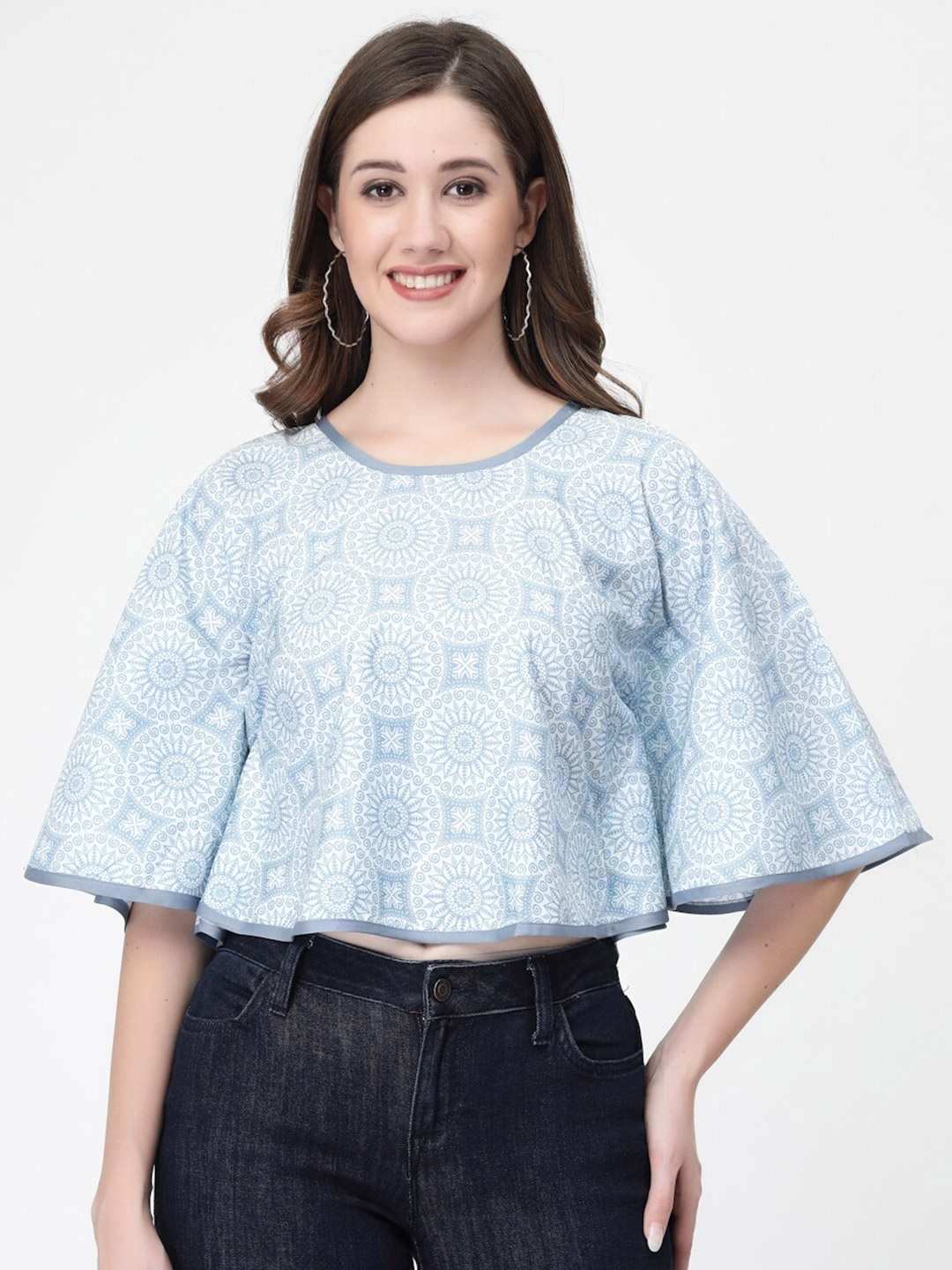 

MISS AYSE Ethnic Printed Round Neck Flared Sleeves Crop Top, Blue