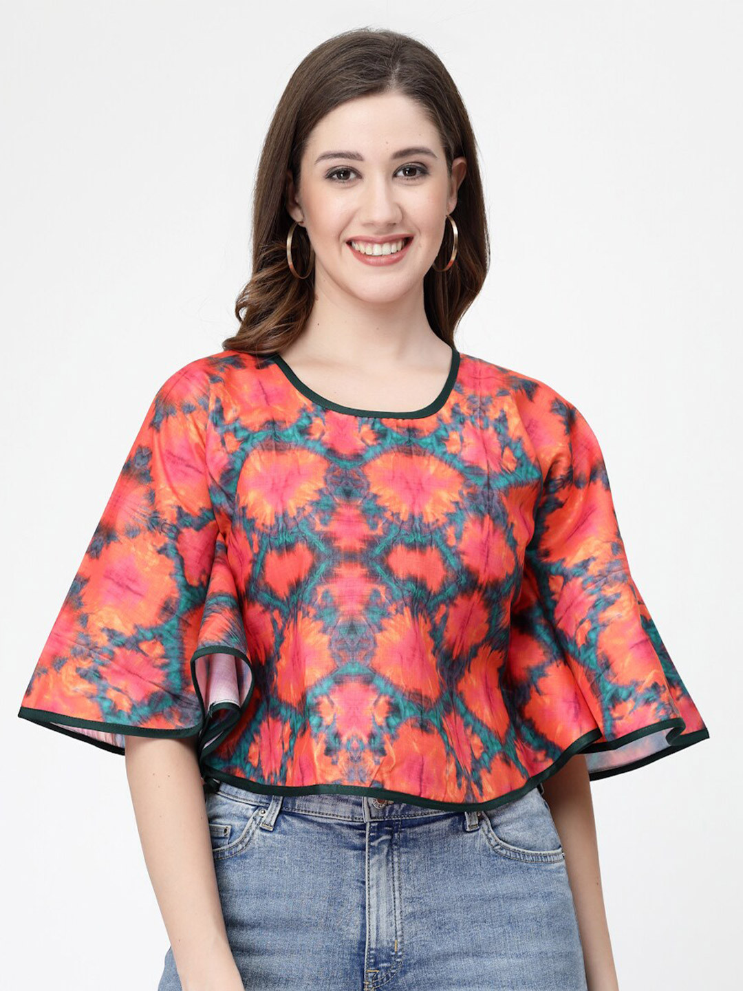 

MISS AYSE Floral Print Flared Sleeve Crepe Crop Top, Red