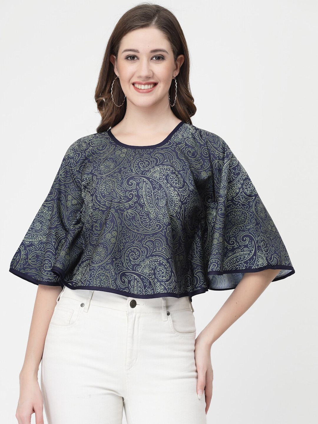 

MISS AYSE Print Flared Sleeve Crepe Top, Navy blue