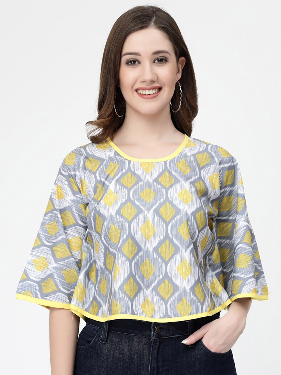 

MISS AYSE Geometric Printed Flared Sleeves Crop Top, Grey