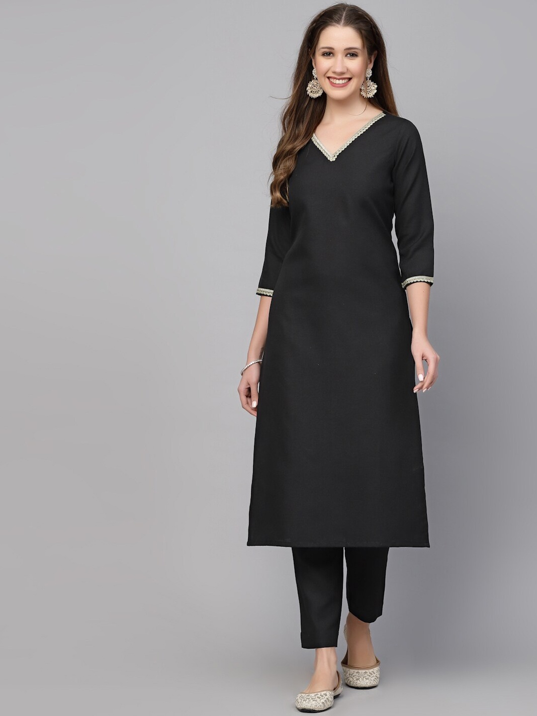 

KALINI V-Neck Lace Detail Straight Kurta With Trousers, Black