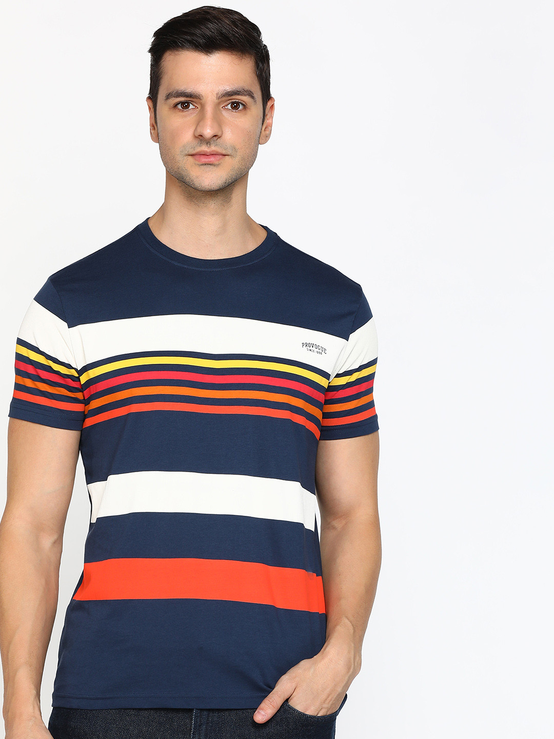 

Provogue Men Striped Pure Cotton T-shirt, Navy blue