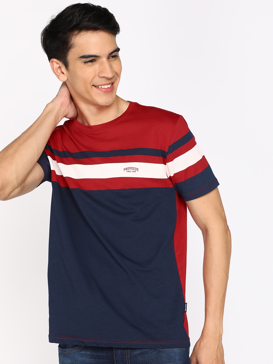 

Provogue Men Striped Pure Cotton T-shirt, Red