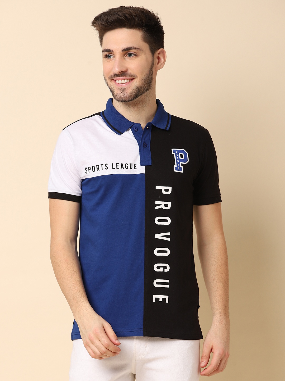 

Provogue Men Colourblocked Polo Collar Pure Cotton Slim Fit T-shirt, Black