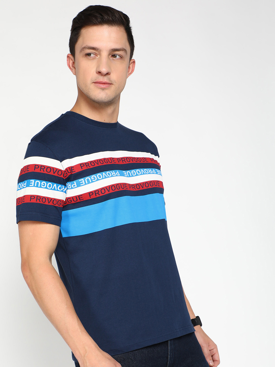 

Provogue Striped with Brand Logo Detail Pure Cotton T-shirt, Navy blue