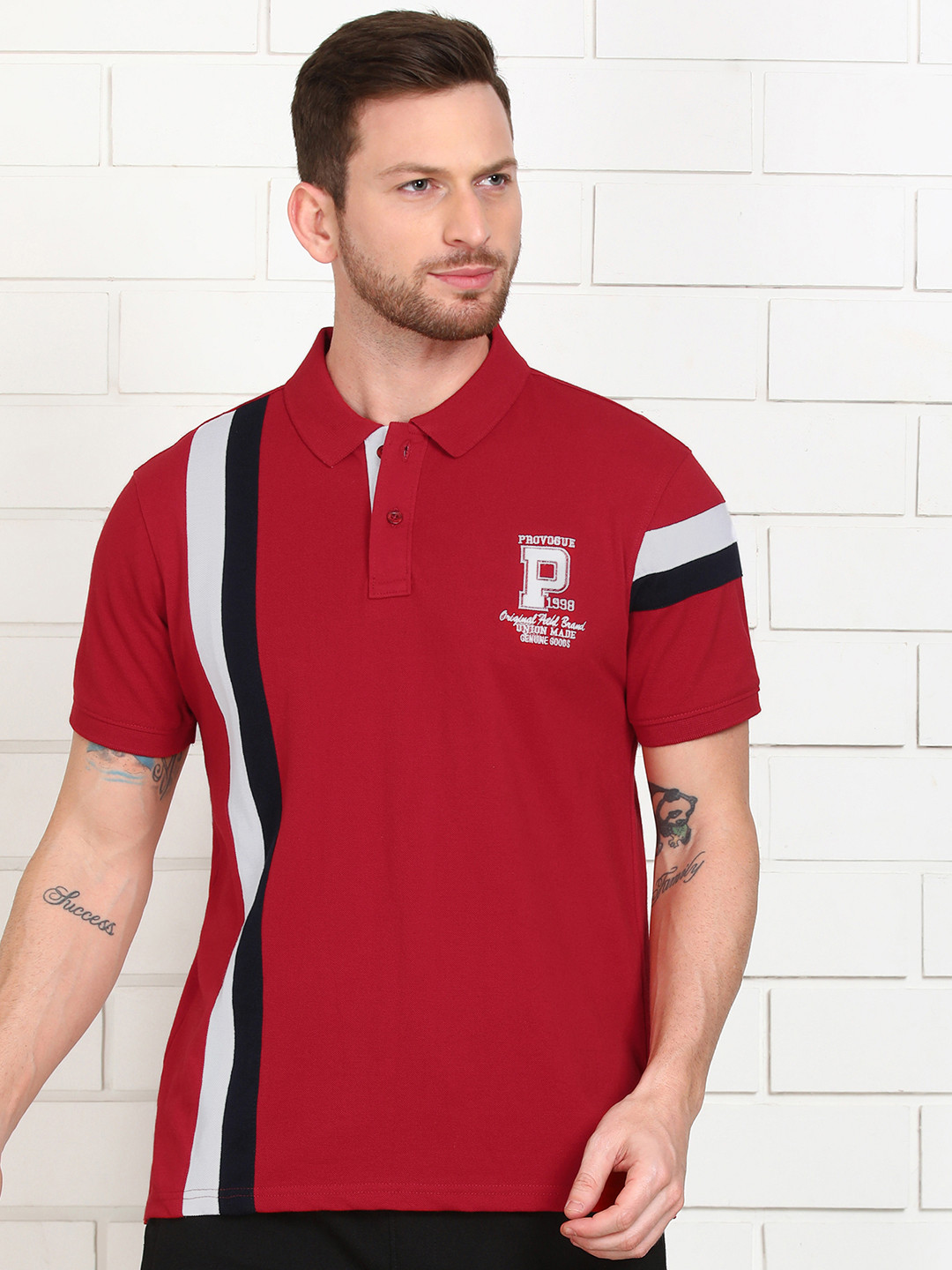 

Provogue Men Striped Polo Collar Slim Fit T-shirt, Red