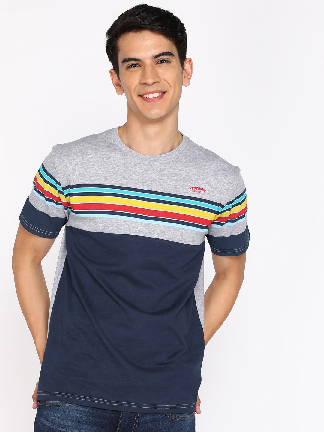 

Provogue Colourblocked with Stripe Detail Pure Cotton T-shirt, Grey