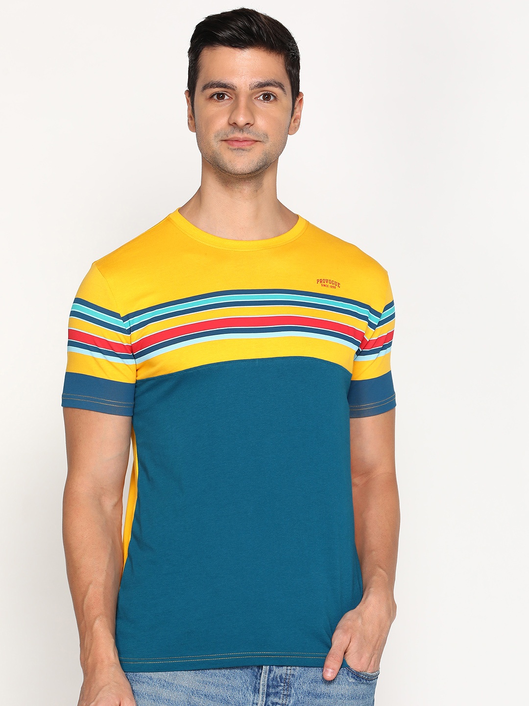 

Provogue Colourblocked With Stripe Detail Pure Cotton T-shirt, Mustard