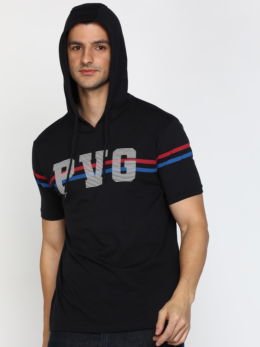 

Provogue Typography & Striped Detail Hooded Pure Cotton T-shirt, Black