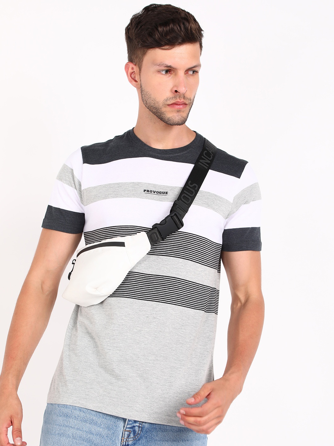 

Provogue Striped Slim Fit Casual T-shirt, Grey