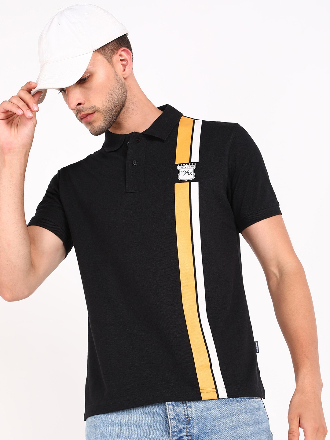 

Provogue Men Striped Polo Collar Pure Cotton Slim Fit T-shirt, Black