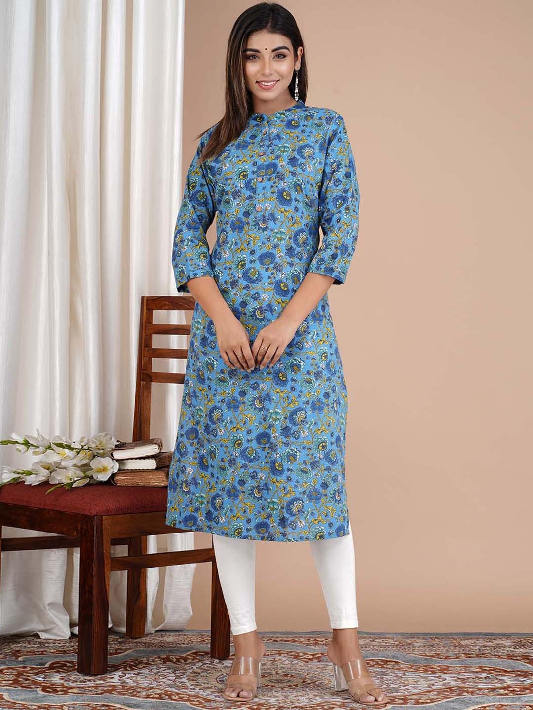

Meena Bazaar Mandarin Collar Floral Printed Pure Cotton Kurta, Blue