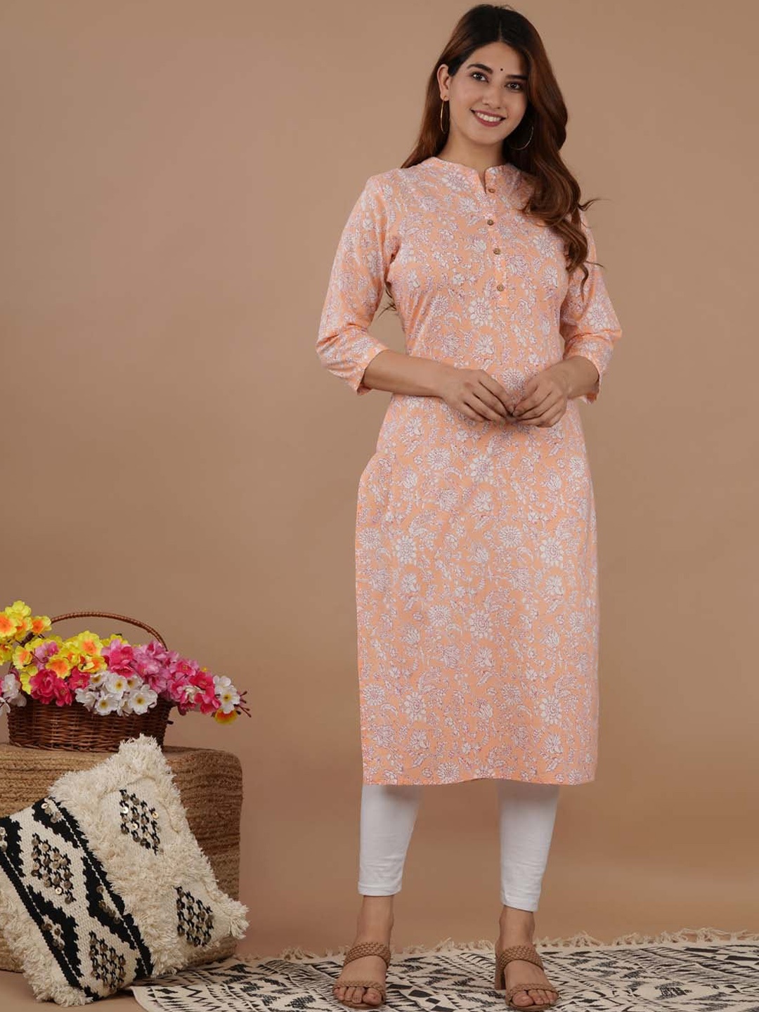 

Meena Bazaar Floral Printed Pure Cotton Straight Kurta, Peach