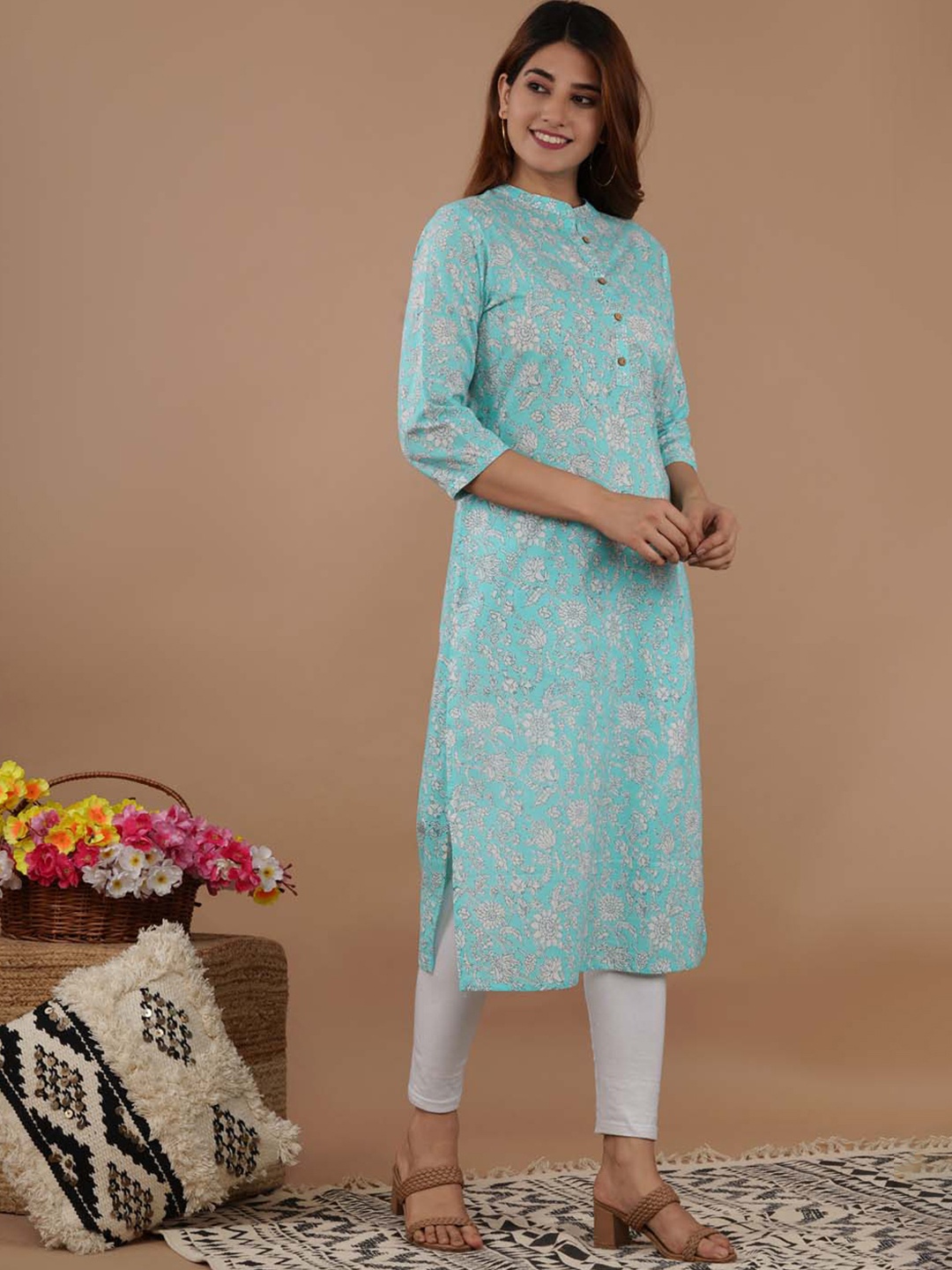

Meena Bazaar Floral Printed Pure Cotton Straight Kurta, Blue