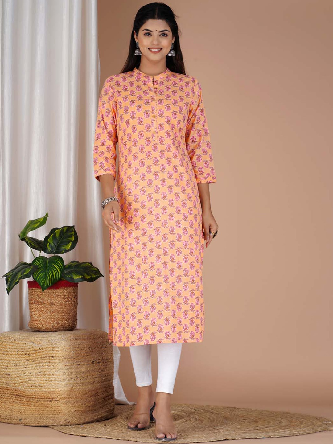 

Meena Bazaar Floral Printed Cotton Kurta, Peach