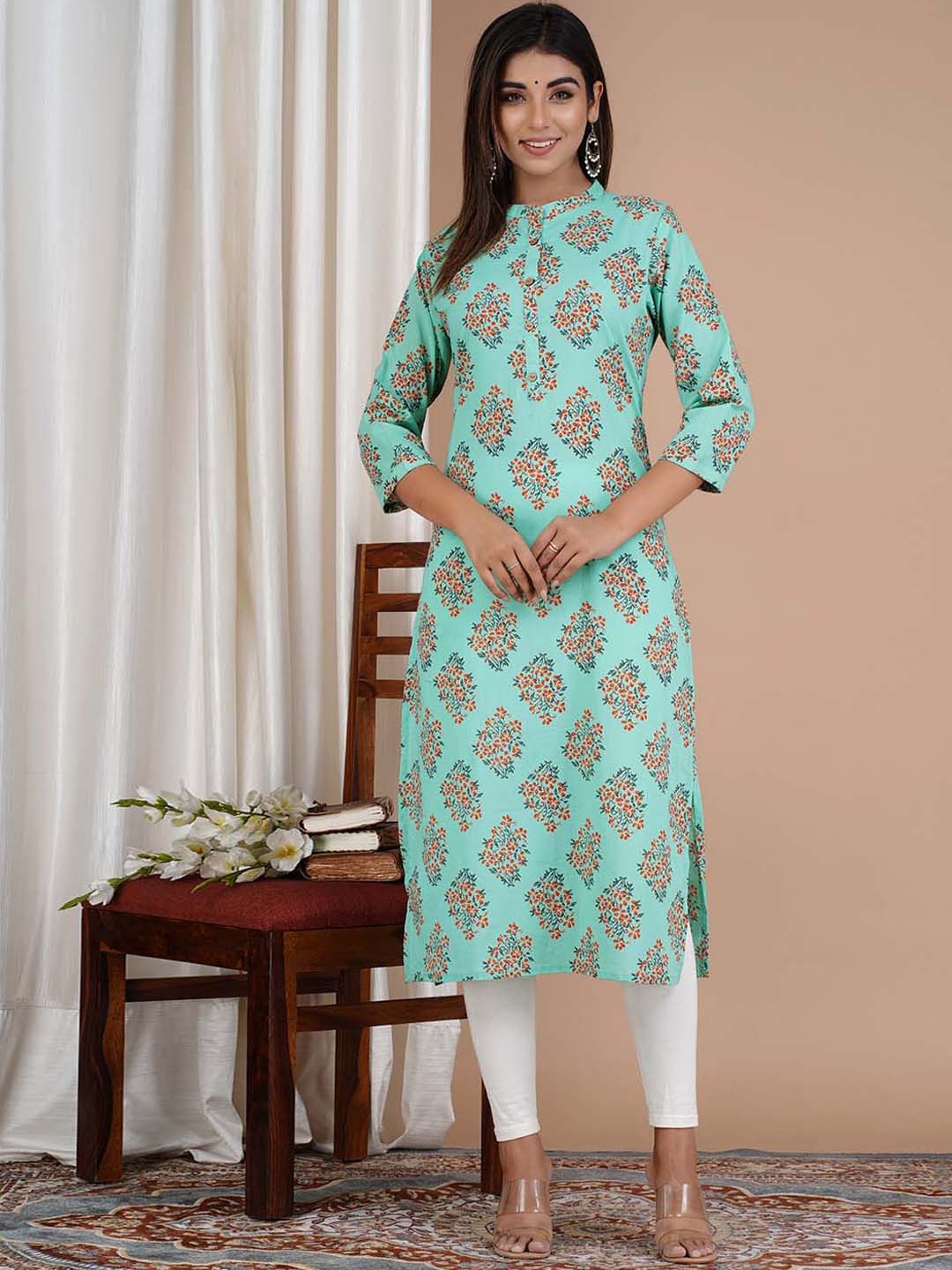 

Meena Bazaar Ethnic Motifs Printed Mandarin collar Cotton Kurta, Sea green