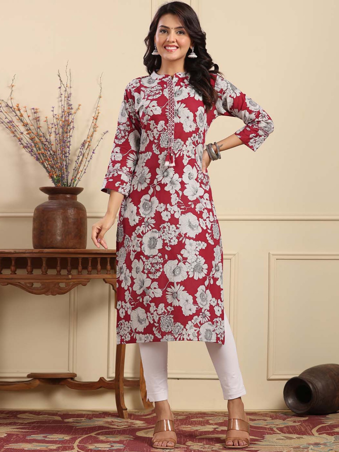 

Meena Bazaar Floral Printed Cotton Kurta, Maroon