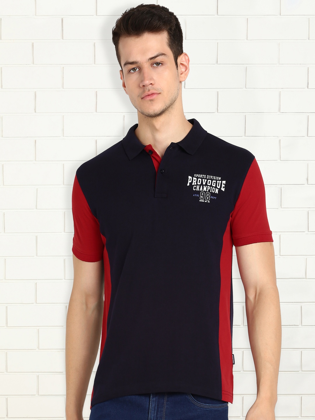 

Provogue Men Colourblocked Polo Collar Pure Cotton Slim Fit T-shirt, Navy blue