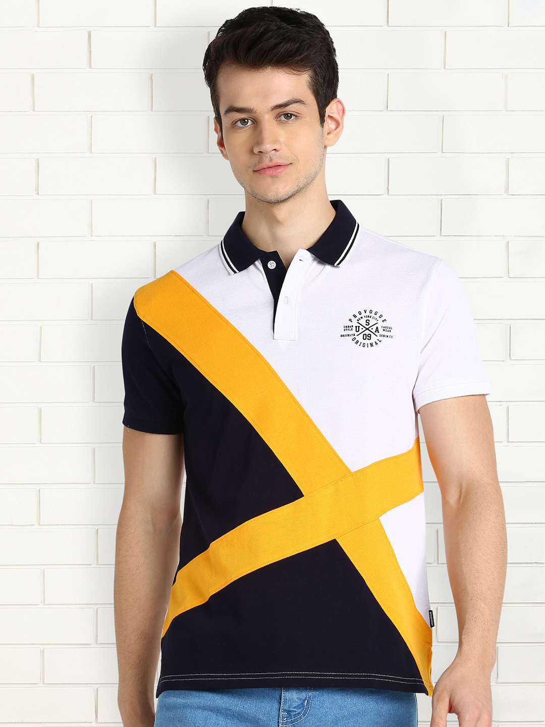 

Provogue Men Colourblocked Polo Collar Pure Cotton Slim Fit T-shirt, White