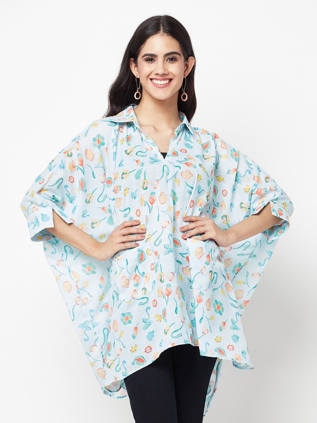 

La Vastraa Floral Printed Shirt Collar Pure Cotton Kaftan Kurti, Blue