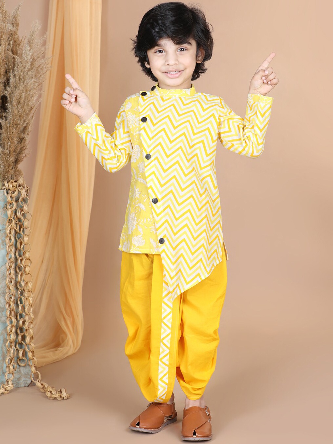 

BAESD Boys Printed Regular Pure Cotton Kurta with Dhoti Pants, Yellow