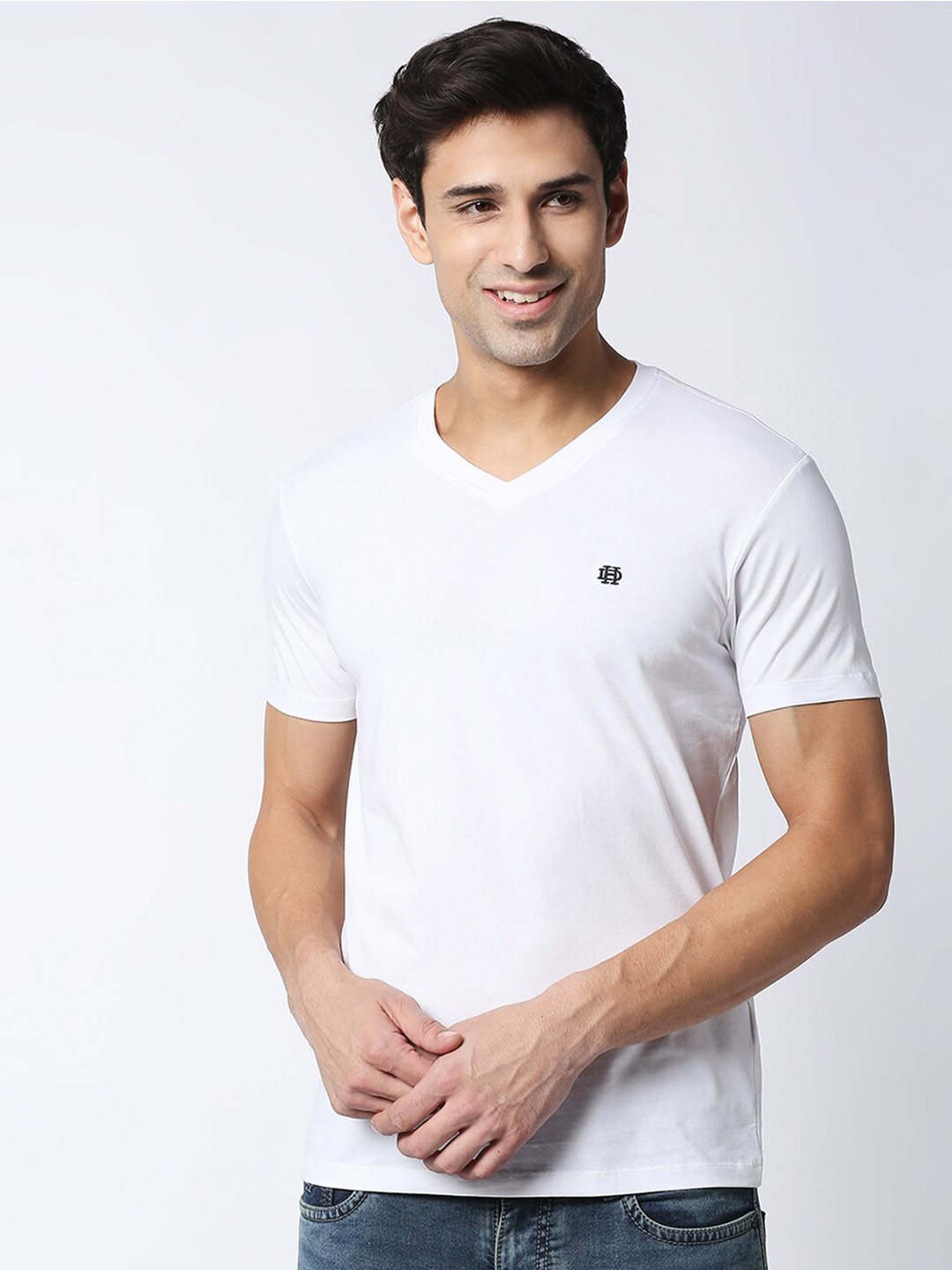 

DRAGON HILL Men White V-Neck Pockets Slim Fit T-shirt