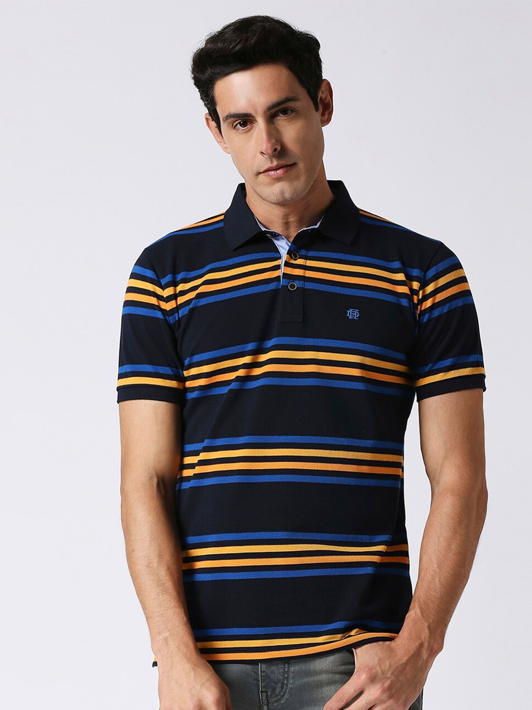

DRAGON HILL Men Navy Blue Striped Polo Collar Pockets Slim Fit T-shirt