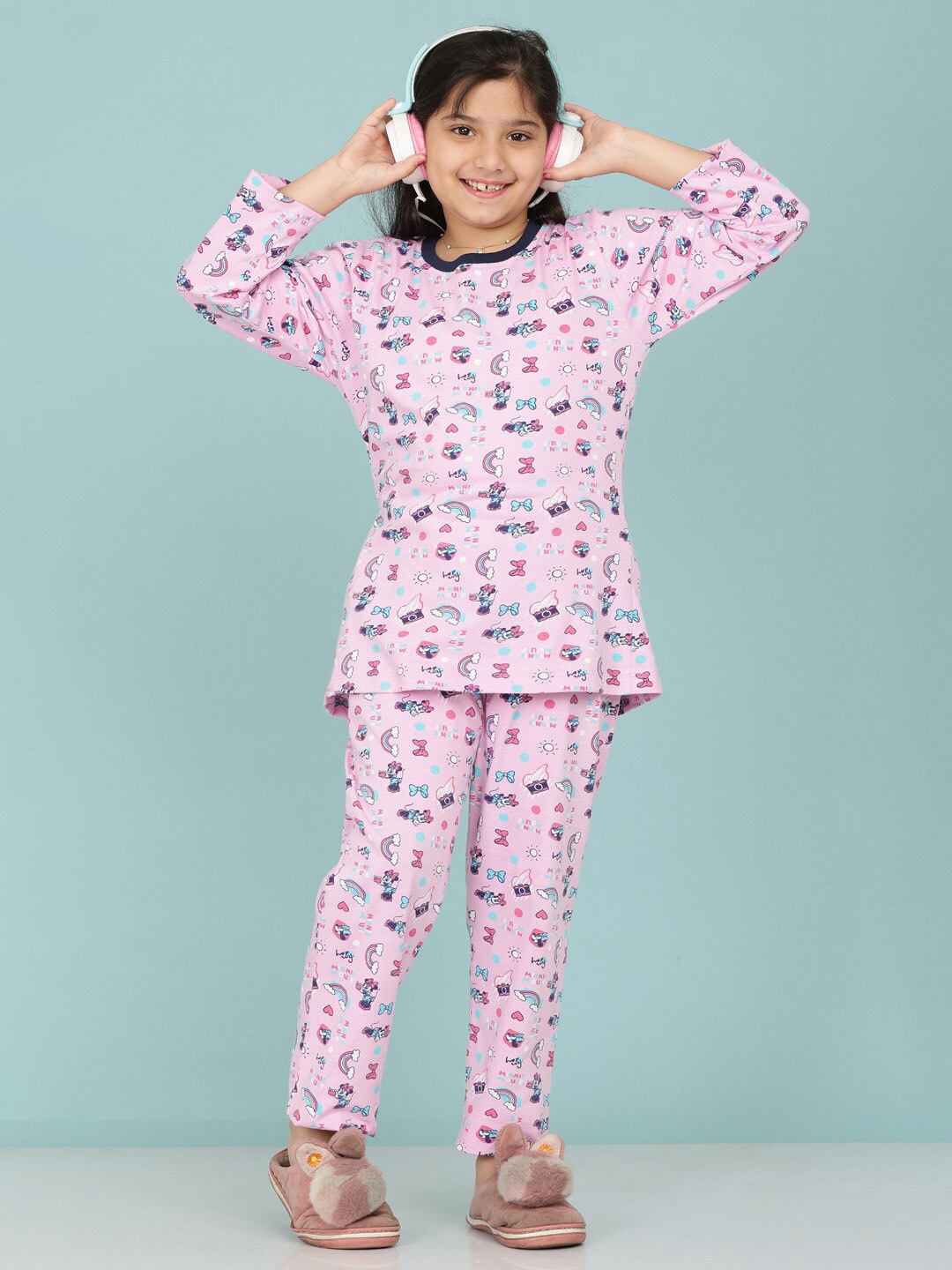 

BAESD Girls Conversational Printed Pure Cotton T-shirt With Pyjamas, Pink
