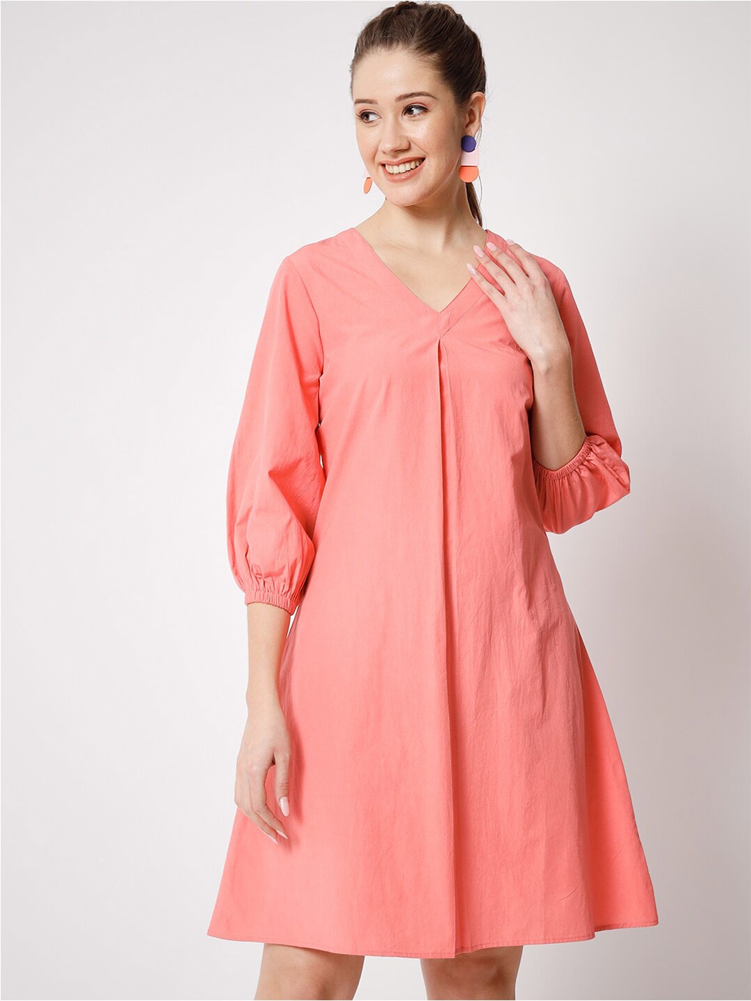 

CHARMGAL V-Neck Puff Sleeve Pure Cotton A-Line Dress, Pink