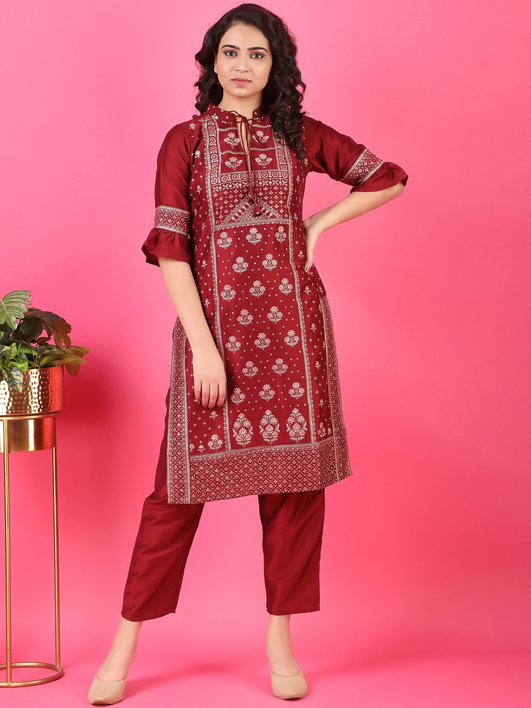 

V TRADITION Ethnic Motifs Printed Tie Up Neck Regular Kurta With Trousers, Maroon