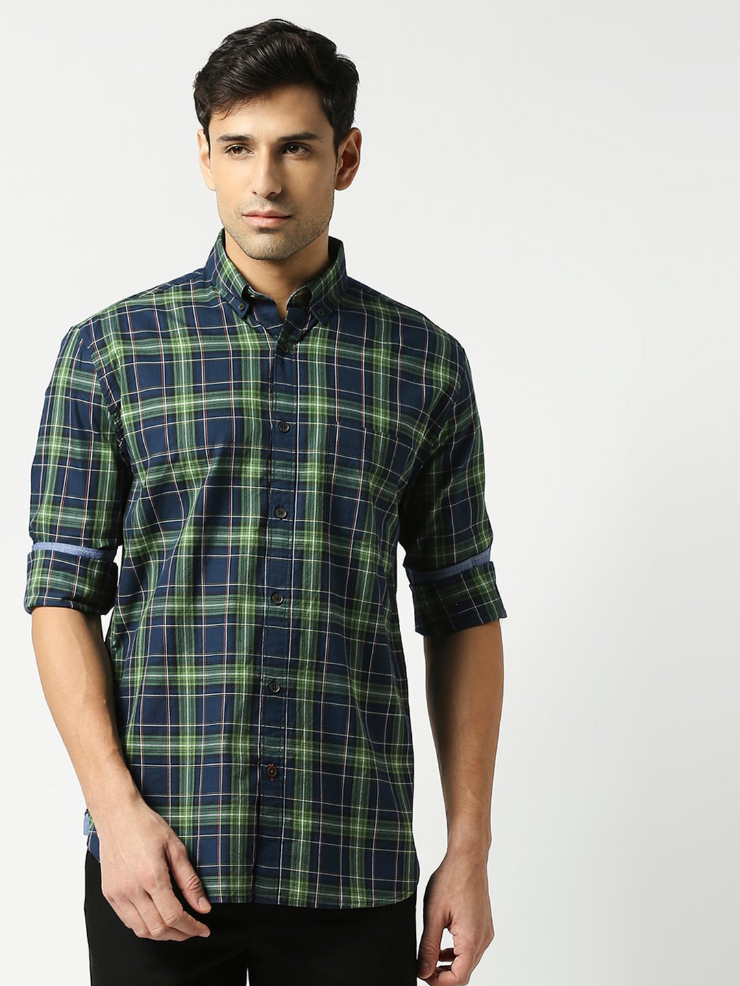 

DRAGON HILL Men Slim Fit Tartan Checked Cotton Casual Shirt, Green