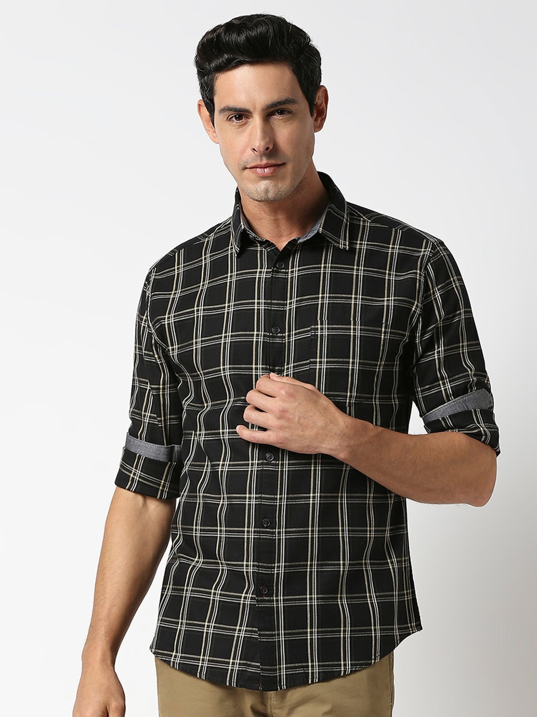 

DRAGON HILL Men Slim Fit Tartan Checked Cotton Casual Shirt, Black