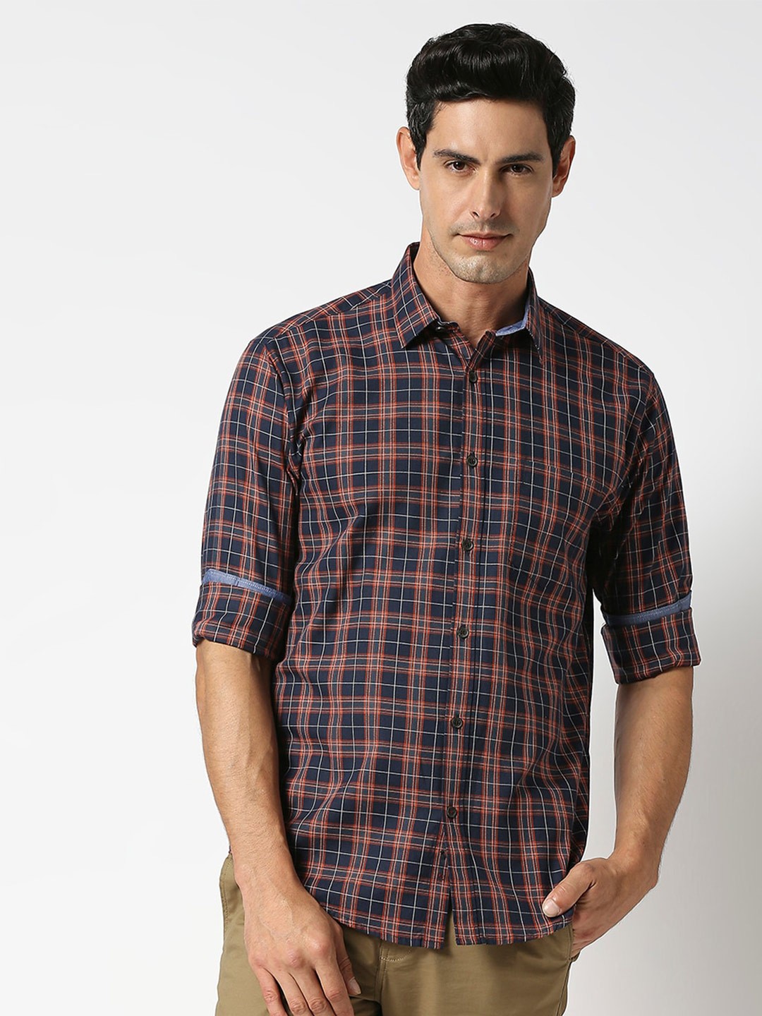 

DRAGON HILL Men Slim Fit Tartan Checked Cotton Casual Shirt, Navy blue