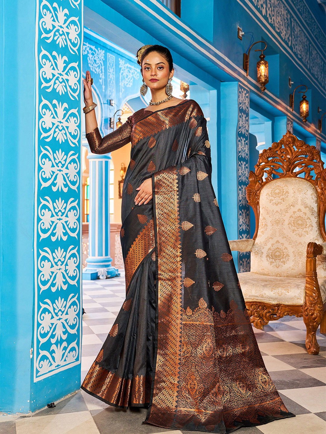 

elora Ethnic Motif Kathan Silk Banarasi Saree, Black