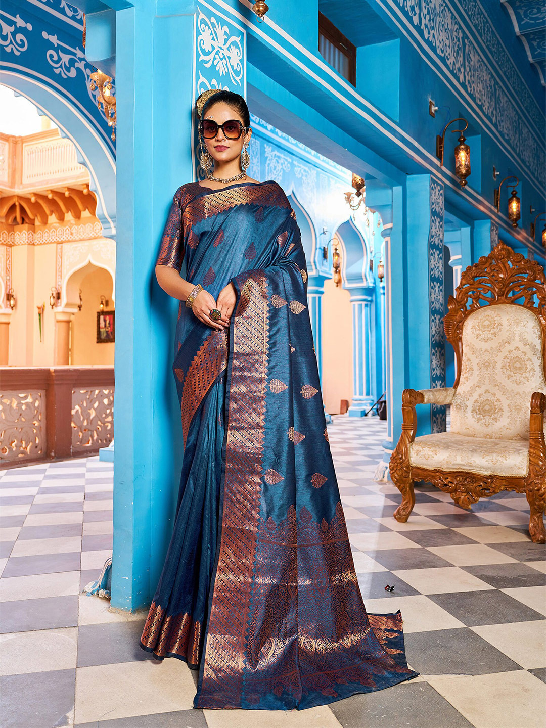 

elora Ethnic Motif Kathan Silk Banarasi Saree, Blue