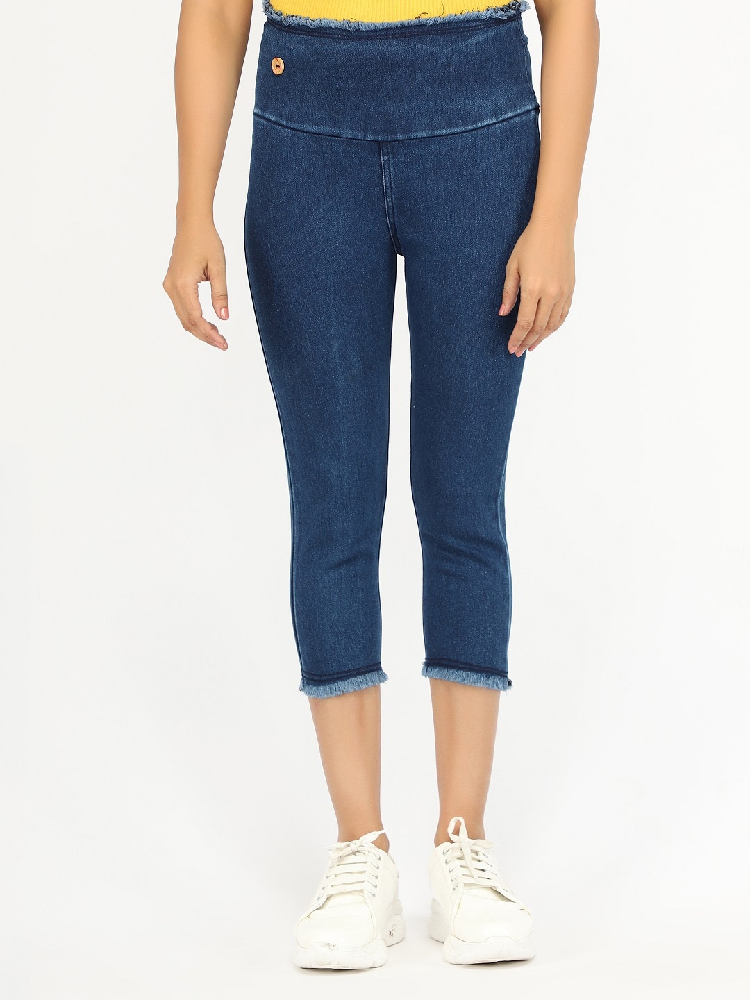 

AngelFab High-Rise Denim Cotton Capris, Navy blue