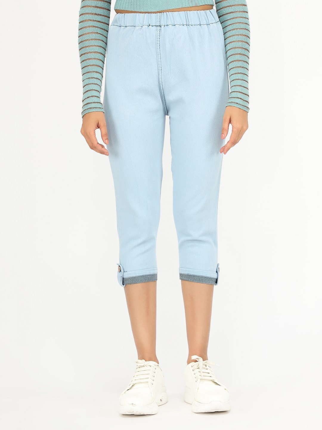 

AngelFab High-Rise Denim Cotton Capris, Blue