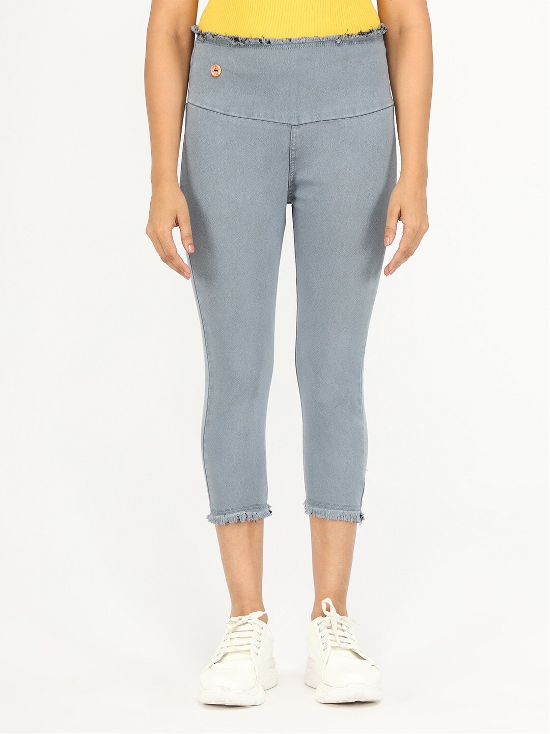 

AngelFab Women Mid-Raise Cotton Denim Capris, Grey