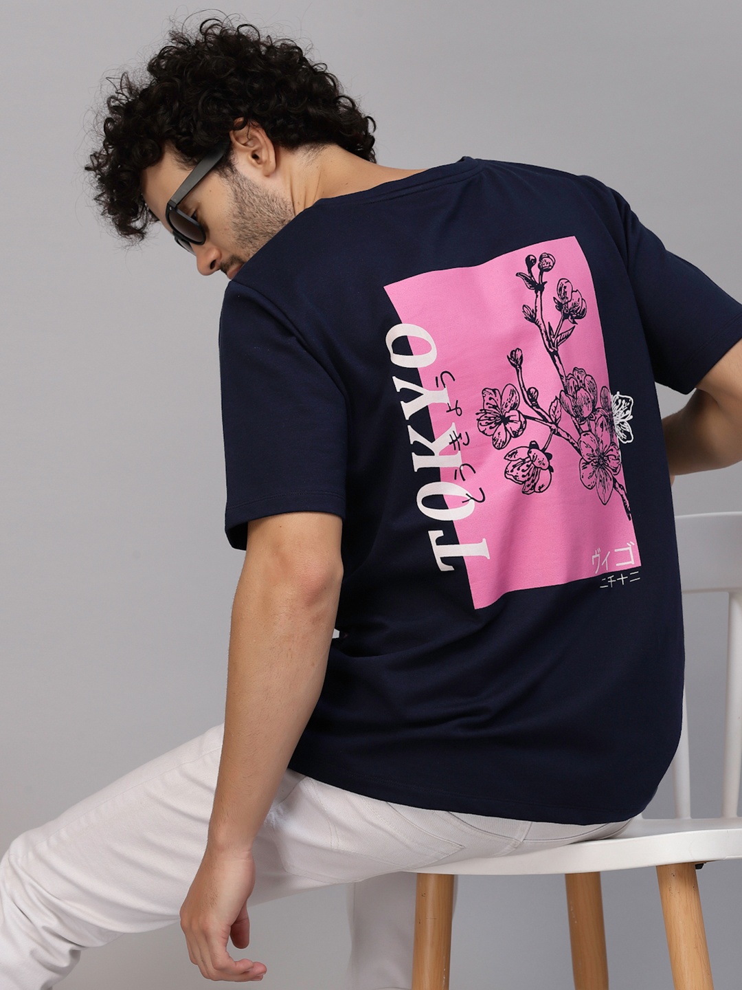 Rigo Printed Oversized Drop Shoulder Sleeves Pure Cotton Sports T-shirt, Navy blue
