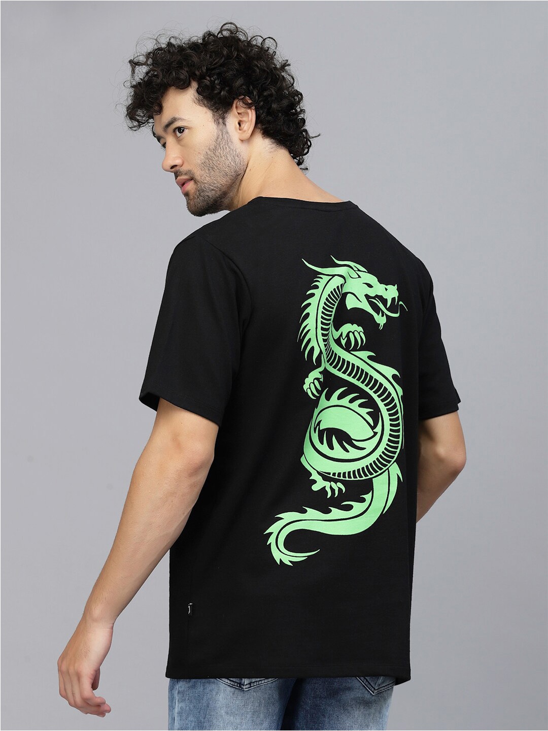 

Rigo Printed Oversized Drop Shoulder Sleeves Pure Cotton Sports T-shirt, Black