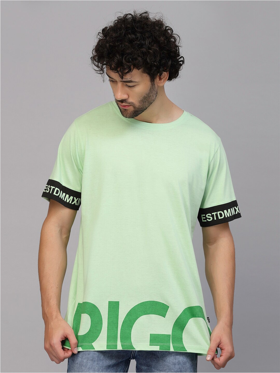 

Rigo Printed Oversized Drop Shoulder Sleeves Pure Cotton Sports T-shirt, Green