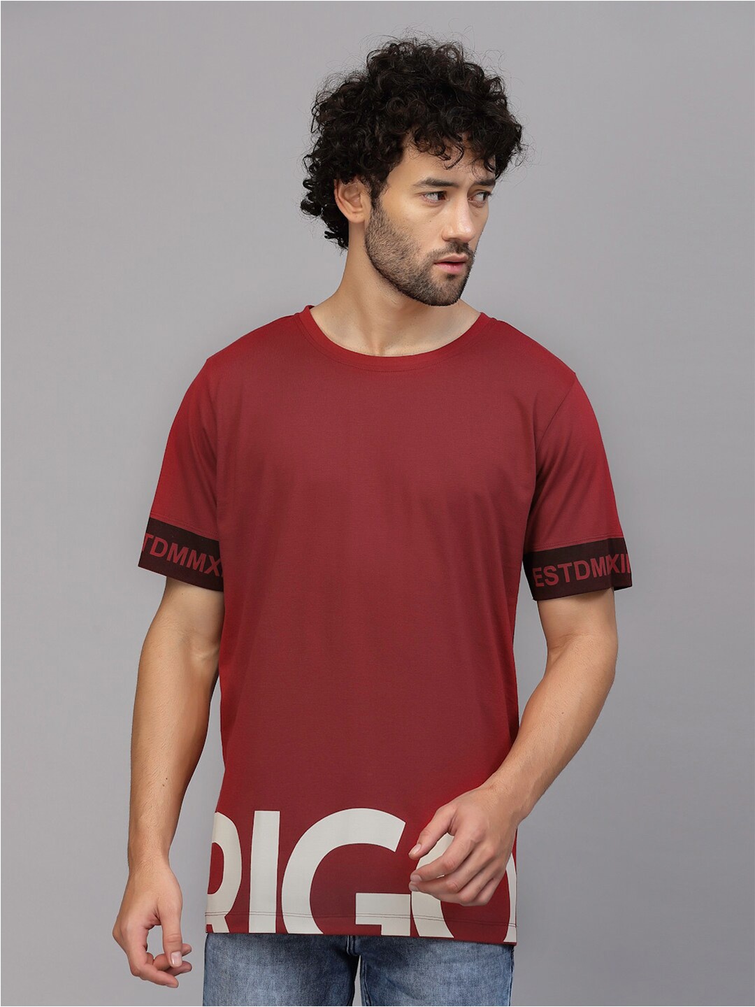 

Rigo Printed Oversized Drop Shoulder Sleeves Pure Cotton Sports T-shirt, Maroon