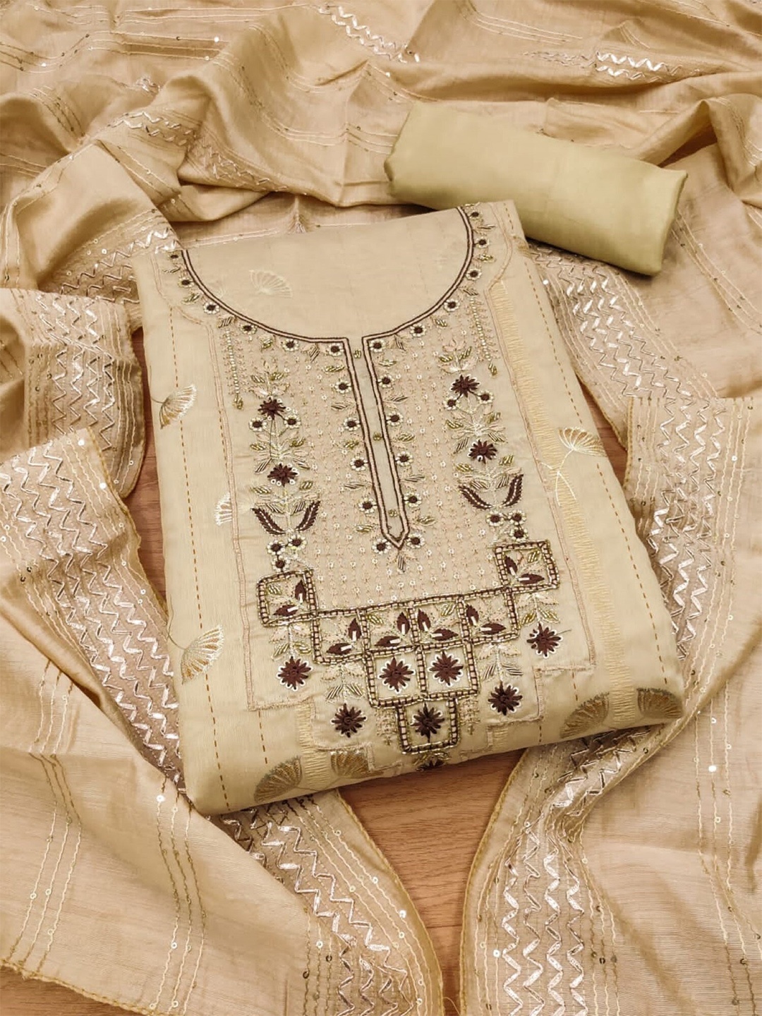 

KALINI Ethnic Motifs Sequinned Embellished Unstitched Dress Material, Beige