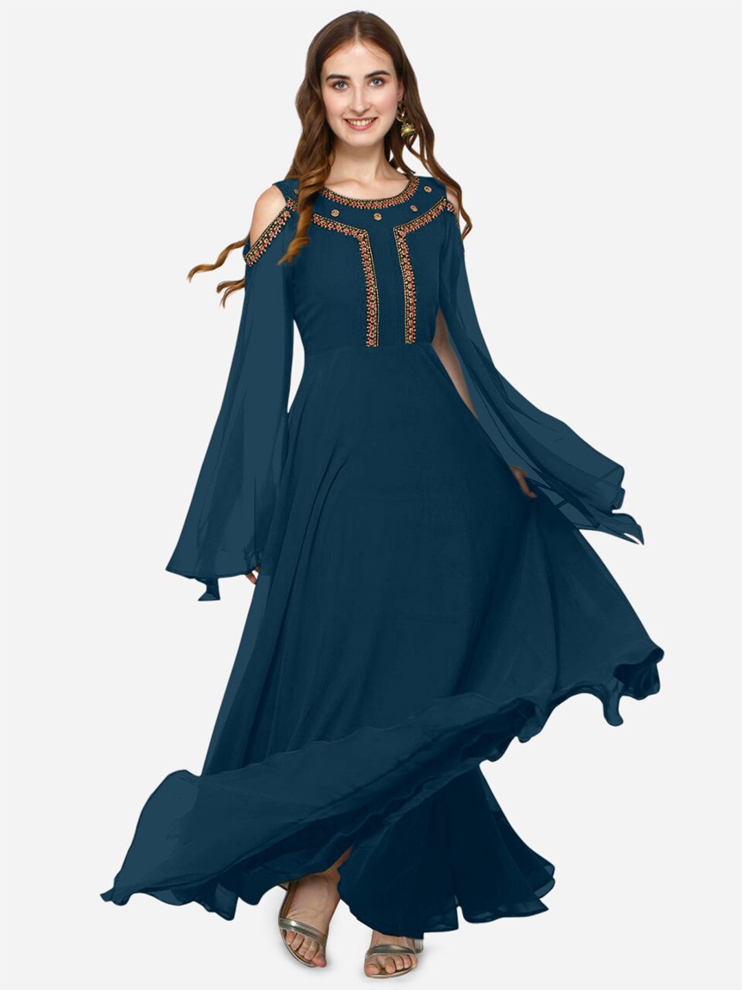 

Femvy Solid Embroidered Round Neck Cold-Shoulder Cape Sleeves Fit &Flare Maxi Ethnic Dress, Blue