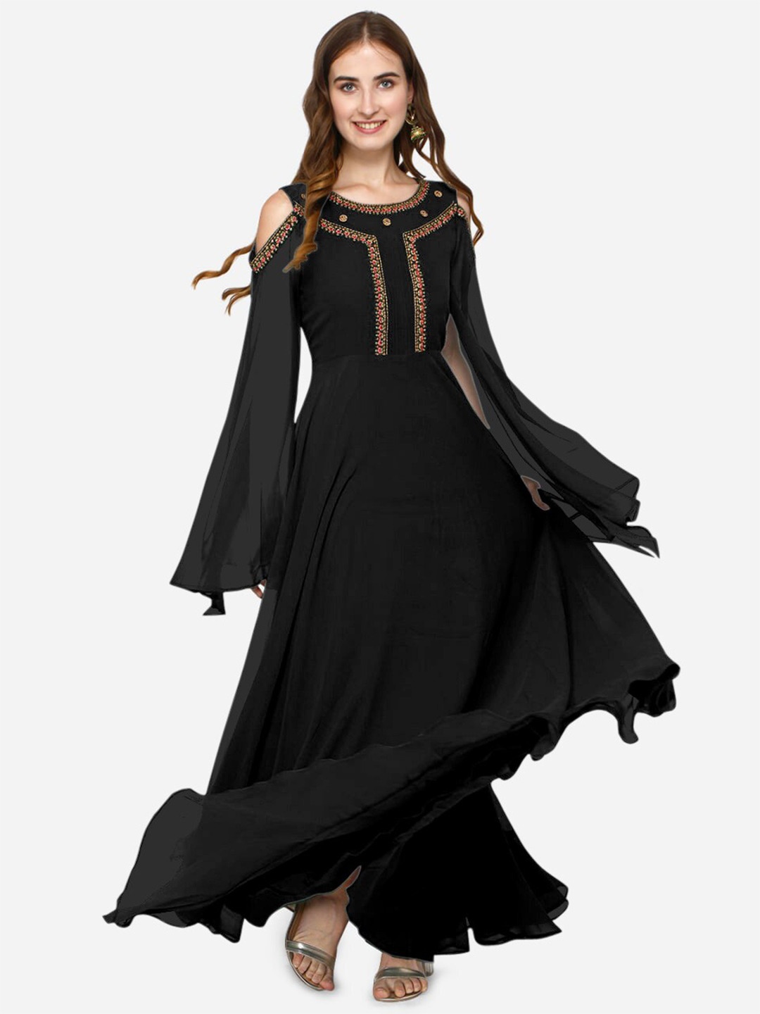 

Femvy Round Neck Cold-Shoulder Embroidered Detailed Georgette Maxi Dress, Black