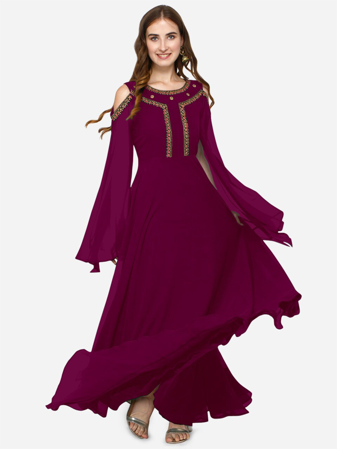 

Femvy Embroidered Cold-Shoulder Georgette Maxi Dress, Burgundy